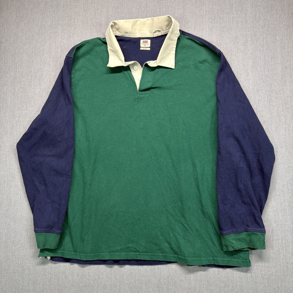 Vtg Levis Rugby Polo Shirt‎ Mens XXL Green Blue Relaxed Fit Long Sleeve